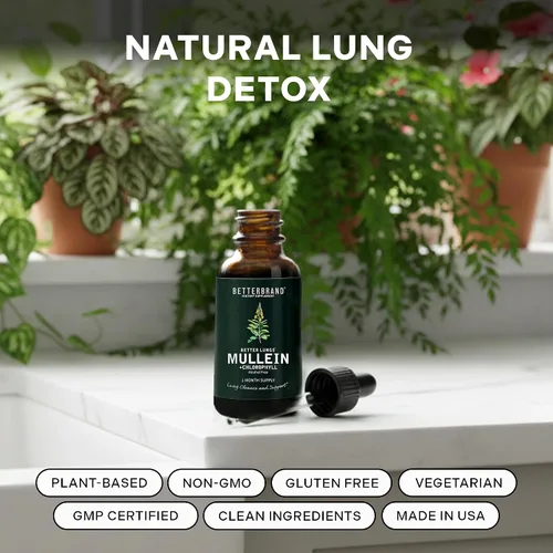 Vista 2 de Gotas de gordolobo Betterbrand para desintoxicación pulmonar - Tintura de hoja de gordolobo con clorofila - Ayuda a apoyar la salud respiratoria