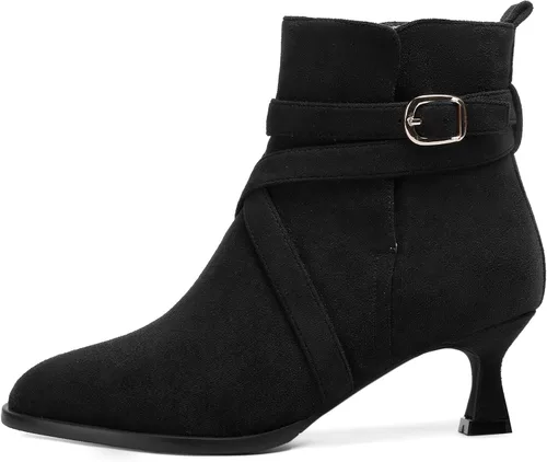Vista 2 de MODENCOCO Vestido de gamuza para mujer, puntera redonda, correa de tobillo, hebilla de moda, tacón bajo, botas altas hasta el tobillo, 2 pulgadas