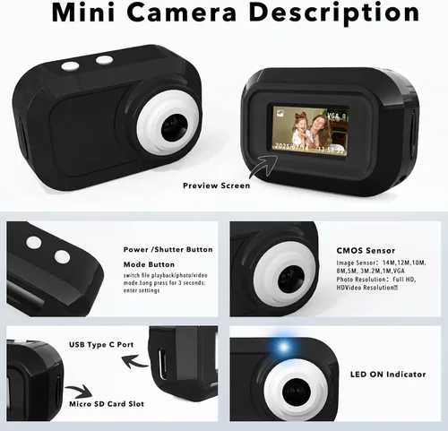 Vista 6 de Mini cámara con llavero con 14M 1080P FHD, mini cámara digital de bolsillo, pequeñas cámaras portátiles de 0.96 pulgadas, grabadora de video