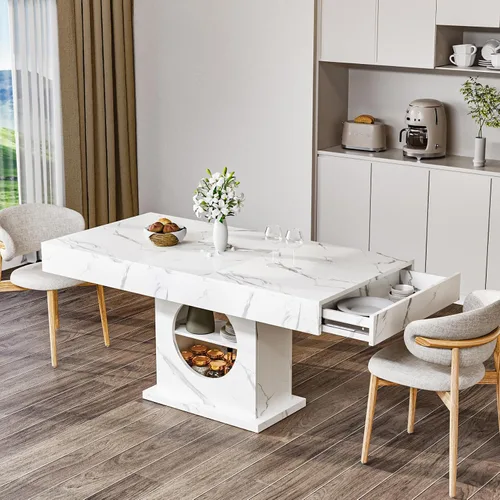 Vista 8 de Mesa de comedor de 55 pulgadas para 4 a 6 personas, mesa de comedor de madera de granja con cajones y almacenamiento abierto para cocina, comedor