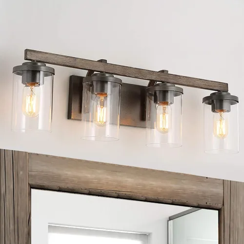 Vista 8 de LOG BARN Lámparas rústicas de baño, 2 luces de tocador de granja para baño con pantalla de vidrio texturizado transparente, luces de iluminación