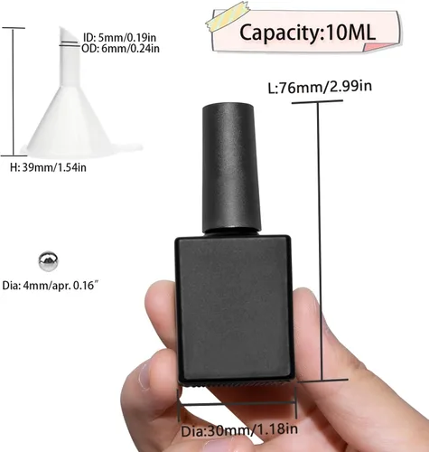 Vista 2 de Botellas vacías de esmalte de uñas de gel con cepillo de 0.3 onzas líquidas, color negro, cuadrado opaco de vidrio rellenable, botellas de esmalte