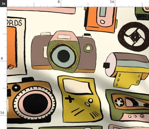 Vista 3 de Spoonflower Tela - Cinta de cassette Cámaras retro Fotografía Analógica Música Vintage Impreso en Pétalos Tela de Algodón Fat Quarter - Costura