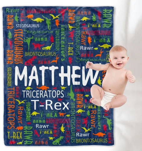 Vista 29 de YESCUSTOM Manta de forro polar de dinosaurio personalizada para niños y niñas, manta de texto personalizada para regalo de cumpleaños y ducha