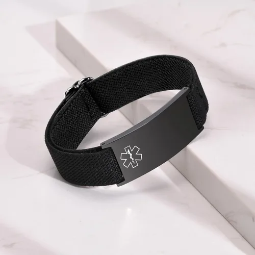 Vista 4 de Pulsera de alerta médica personalizada para hombres - Pulseras de identificación de acero inoxidable con correa elástica personalizada grabada