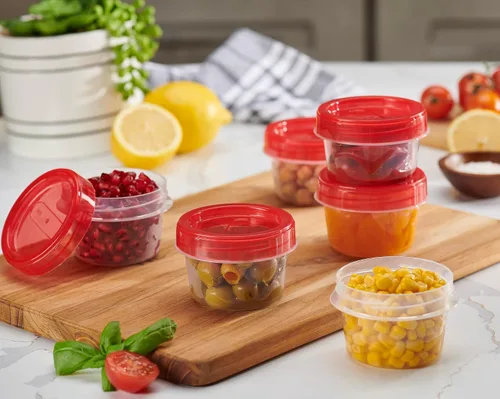 Vista 3 de PLASTICPRO Paquete de 6 recipientes de almacenamiento de alimentos con tapa giratoria con rosca roja, recipientes reutilizables de 4 onzas