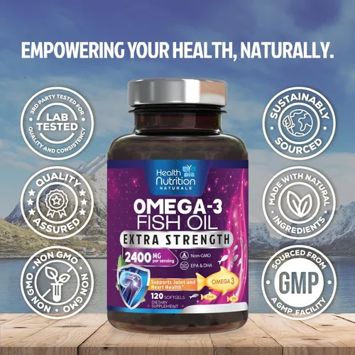 Vista 4 de Suplementos de aceite de pescado Omega 3 – 2400 mg de aceite de pescado por porción – Omega-3 de triple fuerza con ácidos grasos EPA y DHA – Apoyo