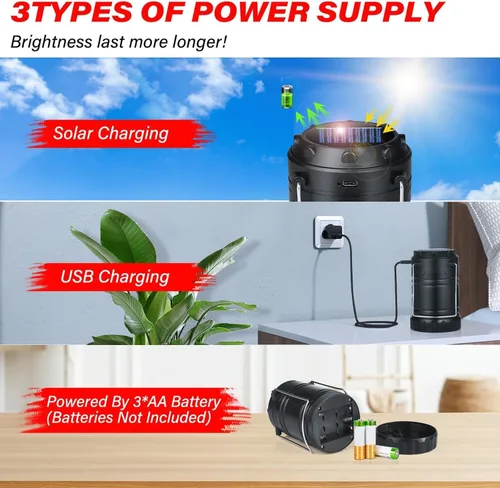 Vista 2 de Paquete de 4 faroles solares para campamento, luces LED recargables, base magnética y gancho plegable para colgar, lámpara plegable que funciona