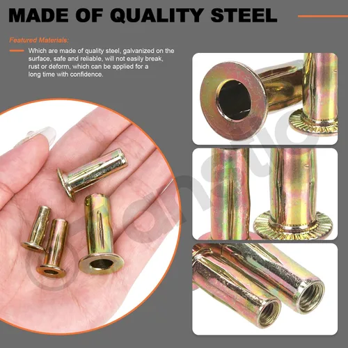 Vista 4 de Tanstic Kit de tuercas remachadoras M8 multiagarre, 26 piezas, acero al carbono chapado en zinc, tuerca de remache de alta resistencia, insertos