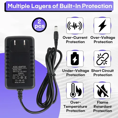 Vista 4 de Paquete de 2 adaptadores de corriente de cargador de 9V 1A AC/DC para teclados electrónicos de 9V, enchufe de CC positivo central de 0.217x0.083 in