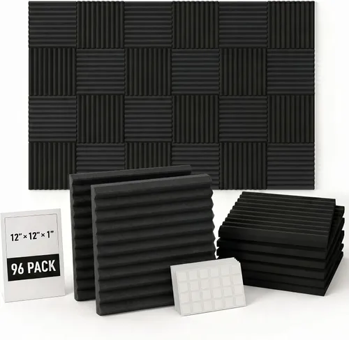 Vista 6 de Allxinlog - Juego de 96 azulejos de pared de espuma acústica para estudio de 12 x 12 x 1 pulgada (acompañados de cinta adhesiva de doble cara)