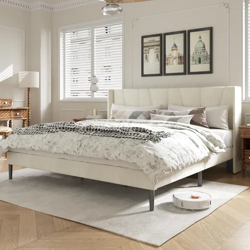 Vista 12 de HAOARA Base de cama tamaño matrimonial con cabecero, bases de cama tapizadas con plataforma de terciopelo, base de colchón contemporánea, Beige