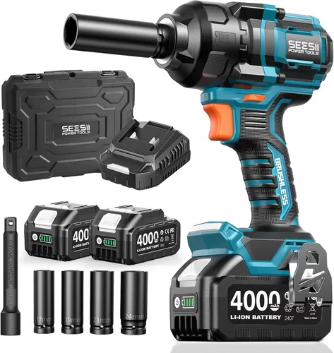 Vista 10 de Seesii Llave de impacto de 886 pies (1200 N.m), pistola de impacto de alto par 1/2 con batería de 21 V, 4000 mAh, destornillador de impacto