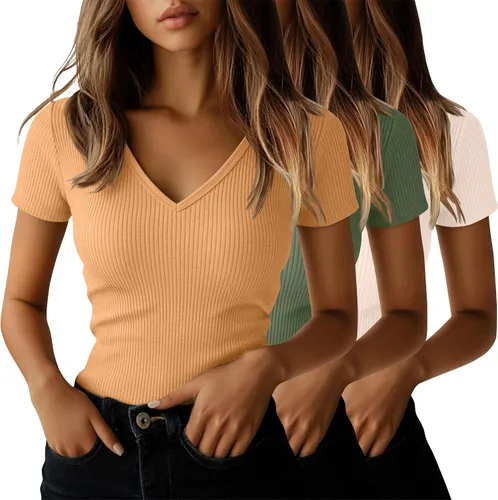 Vista 23 de Ficerd Paquete de 3 camisetas de algodón de manga corta para mujer, cuello en V, acanaladas, ajustadas, camisetas básicas casuales de verano