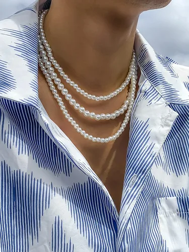 Vista 2 de Long tiantian Collar de perlas para hombres y adolescentes de moda, gargantilla de perlas blancas de 0.315 pulgadas para mujer, collar de perlas