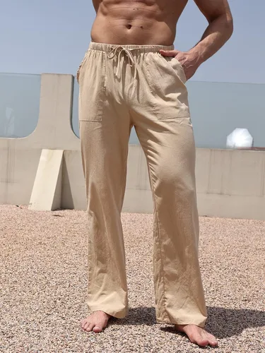 Vista 2 de WOWULOVELY Pantalones casuales de lino de algodón para hombre, holgados, ligeros, con cintura elástica, pantalones de yoga, playa, bolsillos