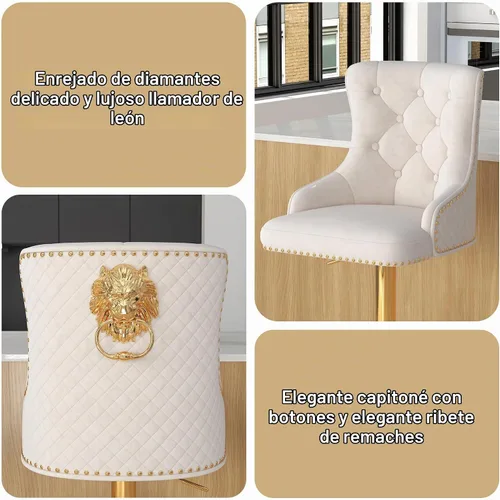 Vista 6 de Juego de 2 taburetes de bar de terciopelo, altura ajustable, base de metal dorado, beige Diseño de cabeza de clavo, función giratoria, ideal
