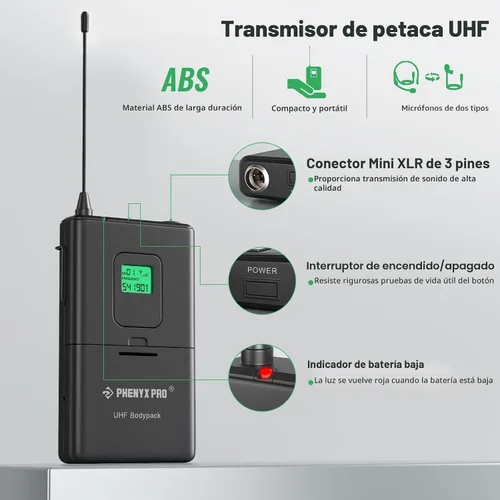 Vista 5 de Phenyx Pro Sistema de micrófono inalámbrico, juego de micrófono inalámbrico UHF de 4 canales con micrófonos de mano/bodypack/auricular
