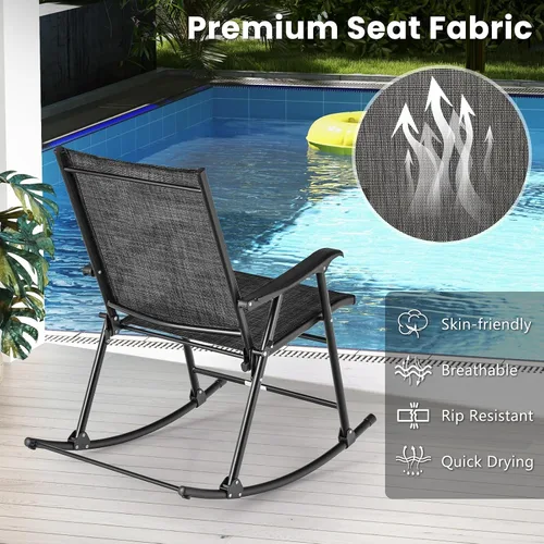 Vista 8 de Tangkula Juego de 2 mecedoras plegables para patio con tela de asiento transpirable y marco de metal resistente, movimiento mecedor suave, balancín