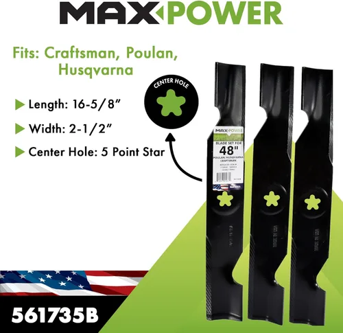 Vista 2 de MaxPower 561735B Juego de 3 cuchillas para muchos cortacéspedes de 48 pulgadas Cut Craftsman, Husqvarna, Poulan que reemplaza a los OEM # 173920