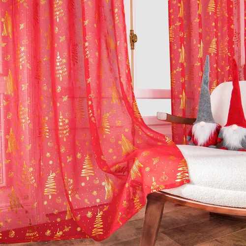 Vista 4 de Topfinel - Cortinas transparentes de Navidad de 63 pulgadas de largo para sala de estar, juego de 2 paneles, cortinas con bolsillo para cortinero