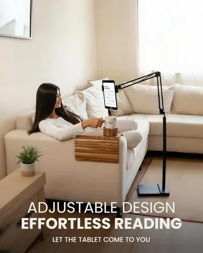 Vista 6 de Soporte de suelo 2 en 1 para tablet con soporte para tablet para escritorio, base estable de 8 libras con brazo elástico para cama, sofá