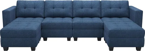 Vista 8 de Belffin Sofá modular modular en forma de U de almacenamiento reversible con tumbonas dobles, juego de sofá modular con tela otomana, color azul