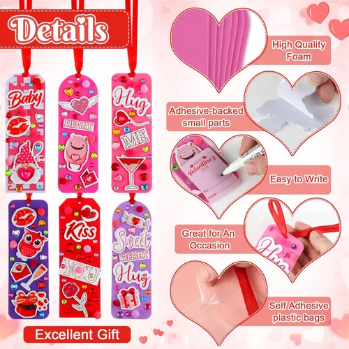 Vista 3 de Pasimy Juego de 48 marcapáginas para manualidades, kit de manualidades de espuma con diseño de corazón y calcomanías, marcapáginas a granel