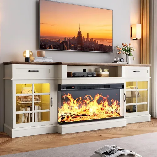 Vista 11 de MXV Soporte de TV con chimenea de 70 pulgadas, chimenea de vidrio de 3 lados y centro de entretenimiento moderno, consola multimedia de madera