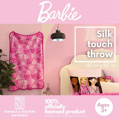 Vista 2 de Barbie Ropa de cama para niños, cobija súper suave de toque sedoso, 40 x 50 pulgadas, (Producto con licencia oficial) de Franco