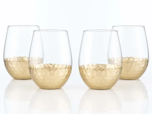 Vista 17 de Copas de vino sin tallo, juego de 2, 18 onzas, diseño de panal dorado