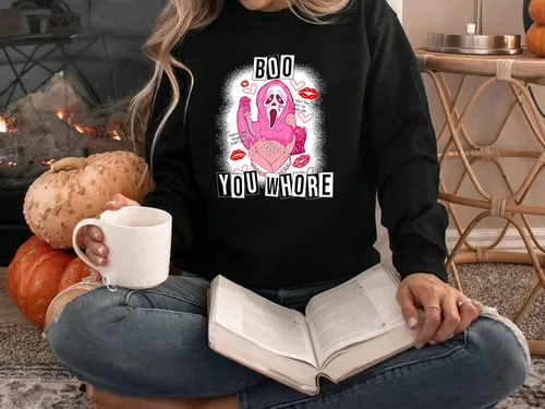 Vista 4 de HONHUY GOODS Boo You Whore Divertido disfraz de Halloween Ghos.t.Face, camiseta con capucha, manga larga, sudadera, camisetas sin mangas, Opción, S