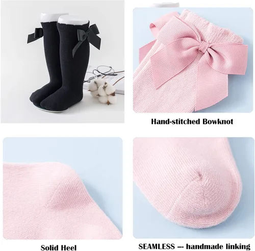 Vista 3 de Calcetines altos hasta la rodilla para bebés y niñas, con lazo, tubo con volantes, de algodón, calcetines largos para bebés y niños pequeños, 5 pares