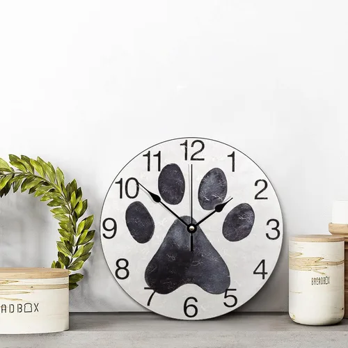Vista 2 de Reloj de pared con estampado de pata de perro negro, reloj de madera de 10 pulgadas, silencioso, sin tictac, funciona con pilas, para sala de estar