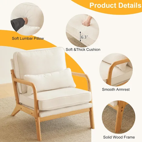 Vista 3 de Bonnlo - Silla de acento moderna de mediados de siglo con tela de lino beige, sillones de descanso con acolchado de madera maciza para sala