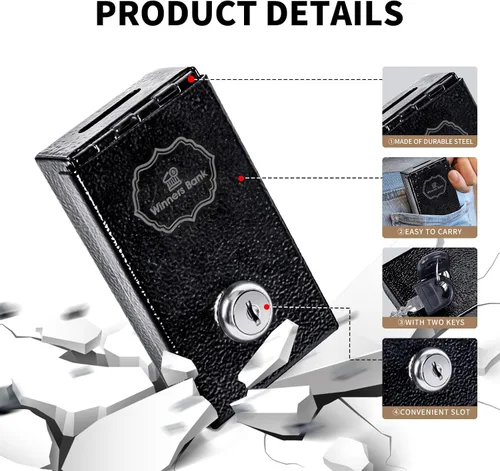 Vista 3 de Banco de ganadores, caja de metal para jugadores, banco ganador con llave de casino, mini caja de seguridad para jugadores, caja de juego portátil