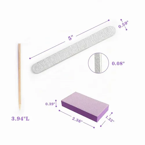 Vista 4 de Kit básico profesional desechable para manicura de 3 piezas, lima de uñas de madera grano 100/180, mini pulidor grano 80/100, palo de madera, juego