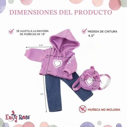 Vista 6 de Emily Rose Conjunto de 3 piezas con sudadera con capucha rosa de 18 pulgadas, con sudadera, jeans y mochila a juego, ropa de muñeca de 18 pulgadas