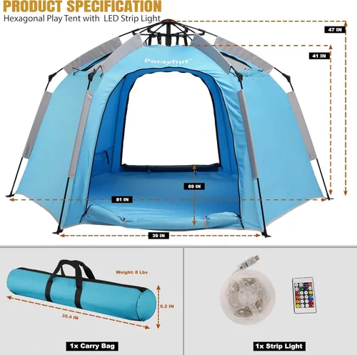 Vista 2 de Tienda de campaña hexagonal portátil para niños con tira de luces LED para interiores, casa de juegos para niños, tienda de campaña de ensueño