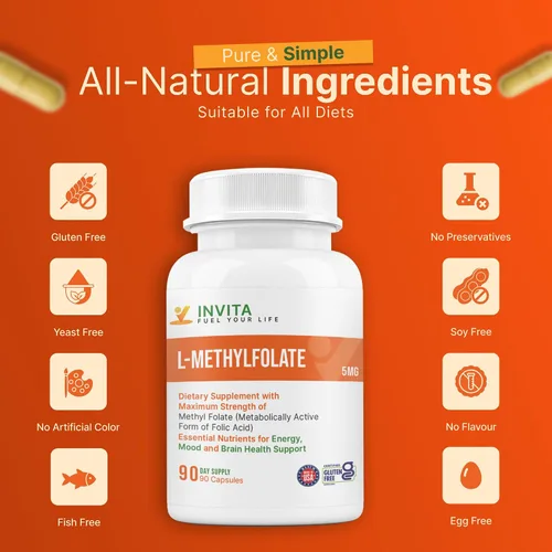 Vista 6 de INVITA L-metilfolato de 5 mg – Folato de metilo activo formulado por un médico – Suplemento 5-MTHF para la energía, el estado de ánimo y la salud
