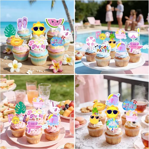 Vista 3 de Decoración para cupcakes de verano, 36 piezas de decoración de cupcakes de verano con temática hawaiana, decoración de cumpleaños, decoración