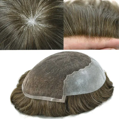 Vista 31 de Toupee para hombres, sistema de reemplazo de cabello humano Remy, nudos blanqueados, encaje frontal, piel fina, para hombre, color gris, pelucas