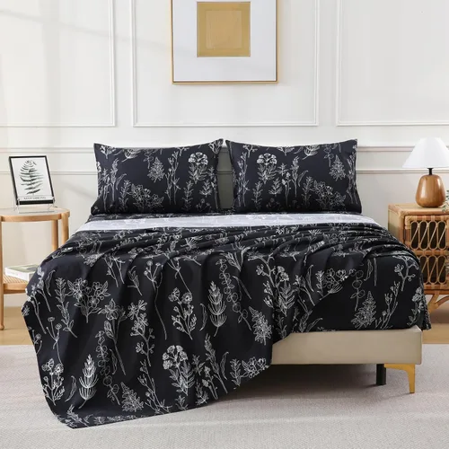 Vista 37 de Yibeizi - Juego de sábanas con estampado floral para cama de tamaño queen, sábanas de microfibra con patrón botánico boho, fundas para almohada