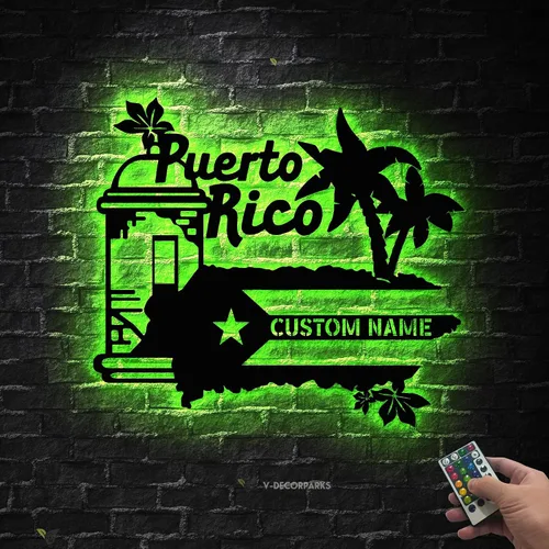 Vista 5 de Arte de pared de metal con bandera de Puerto Rico personalizado, luz LED, letrero de nombre personalizado para amantes de Puerto Rico, decoración