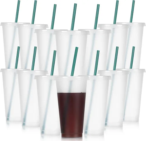 Vista 11 de Bokon 60 Juegos de Vasos con Popote y Tapa al Por Mayor, Vasos de Plástico Reutilizables de 24 oz con Tapas y Pajillas, Botella de Agua, Taza