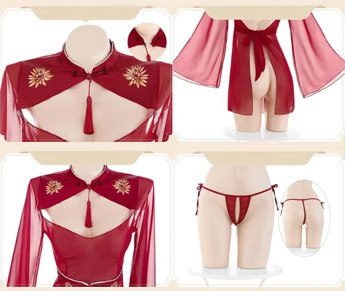 Vista 5 de SINROYEE Lencería sexy de anime para mujer, vestido chino Cheongsam, babydoll Qipao para mujer, mini bodycon con división alta