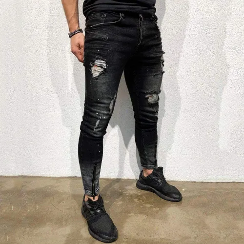Vista 3 de TIMEMEANS Pantalones de mezclilla ajustados elásticos para hombre, desgastados, rasgados, pantalones de mezclilla ajustados