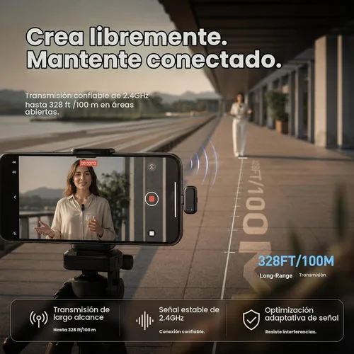 Vista 4 de Mini micrófono inalámbrico Lavalier para iPhone y cámara Android, micrófonos inalámbricos de doble canal con cancelación de ruido AI, rango de 328