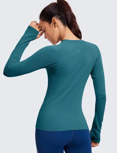 Vista 2 de CRZ YOGA Camisetas de manga larga acanaladas sin costuras para mujer, de secado rápido, para gimnasio, atletismo, camiseta transpirable para correr