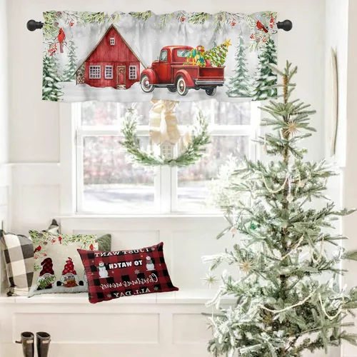 Vista 6 de Paquete de 2 cenefas cardenales rojas para dormitorio, sala de estar, diseño de camión rojo con texto en inglés "Merry Christmas", cortinas romanas